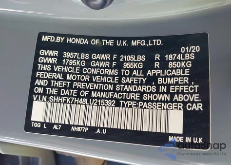 2020 Honda Civic Sport z USA, uszkodzony, nr VIN SHHFK7H48LU215392